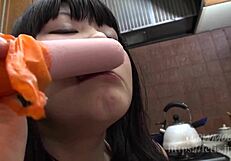 Fat Japanese Chubby Sora Sniffing Cock and Drinking in Wild Scene