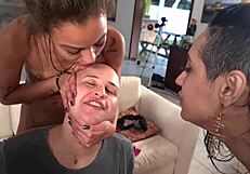 I watch Rayssa Garcia and Polly Petrova striptease at the BBW party. Their big asses and hairy tits on display, oral fun with Andre Garcia crossdressing.