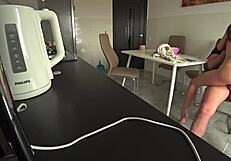 Wife And Neighbor Fuck In The Kitchen While Husband Is At Work Cheating For Debts