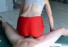 Blonde sucks big cock then gets fucked doggystyle in torn leggings