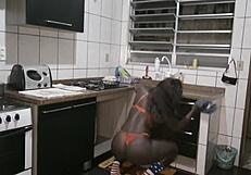 Sexy brazilian housewife teases in red lingerie while cleaning, watch full on red or sher