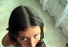 wife begs for sex in stockings and lingerie while husband works outside, pov blowjob leads to cum on shaved pussy