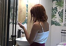 Hot Sexy Tight Pussy Redhead Girlfriend Flashing In Bathroom Without Panties Under Miniskirt