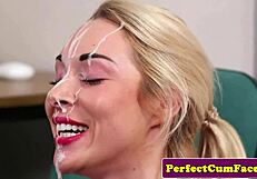 Busty English babe in lingerie jerks and sucks for facial cumshot