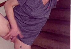 redhead wife with tattoo and piercing rubs shaved pussy on stairs