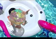 Petite brunette Pixie intensely fingers pussy with toys by the pool with Riley Jean and Logan Lucky