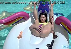 Petite brunette Pixie intensely fingers pussy with toys by the pool with Riley Jean and Logan Lucky