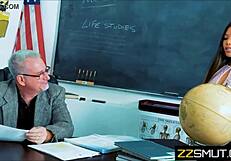 young teen girl passionately fucks her old professor in the classroom