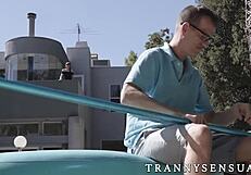 sensual shemale natalie mars lures the big dick pool guy into steamy anal action.