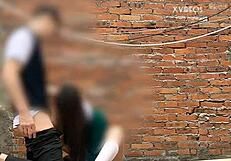 Cute mexican babe performs public blowjob behind school classrooms while getting fucked outdoors