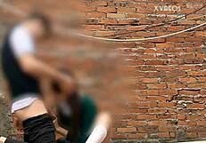 Cute mexican babe performs public blowjob behind school classrooms while getting fucked outdoors