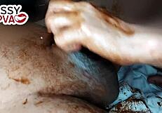 horny teen girlfriend licking black balls with chocolate syrup at christmas