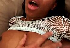 Ebony babe gets double blowjob and facial in threesome group!