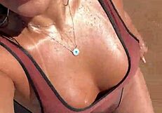 Big tits babe shows tan mark in VIP