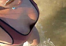 Big tits babe shows tan mark in VIP