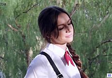 The principal seduces Jane Wilde in uniform, licking her tattooed ass