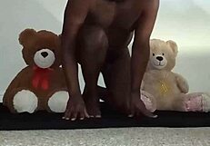 Enjoying a fun threesome with furry toy bears