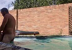 In the swimming pool, amateurs enjoy huge cocks and moaning orgasms outdoors