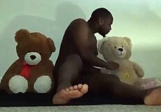 Enjoying a fun threesome with furry toy bears