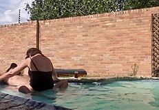 In the swimming pool, amateurs enjoy huge cocks and moaning orgasms outdoors