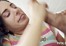 Skinny Brunette Blows Two Cocks