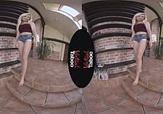 blonde babe rocks shaved pussy in denim for virtual taboo orgasm 😈