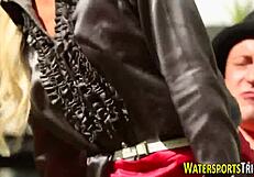 Watersports whore gets fucked with blowjob and golden shower outdoors