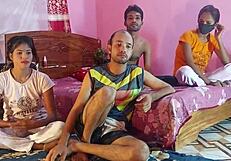 Desi young college couples in interracial gangbang sex with blowjobs, bent over banging and girlfriend action