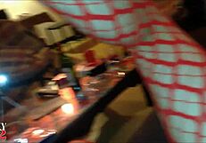 white amateur milf in red fishnet body suit gets fucked doggy style pov