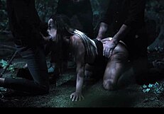 Busty chick freezes in time and gets fucked by three dudes in the forest