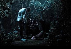 Busty chick freezes in time and gets fucked by three dudes in the forest