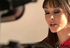 Horny models lick and use strapon in threesome