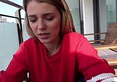 Incredible blonde teen mary kalisy gets horny on balcony, sucking, fucking, and swallowing cum in pov amateurs