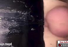 Hot closeup of double creampie at gloryhole, bareback anal sex between twinks