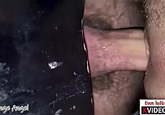 Hot closeup of double creampie at gloryhole, bareback anal sex between twinks