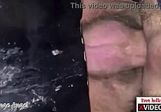Hot closeup of double creampie at gloryhole, bareback anal sex between twinks