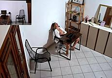 horny secretary masturbates then fucks harassing client on desk