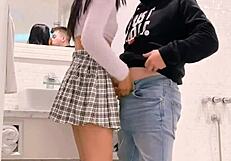 They fuck the skinny big-ass student after school, she rides with tits out and loves being recorded