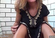 teen babe uses feet and hands on big dildo