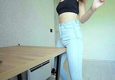 Rubbing Table and Cumming in Panties Over Jeans