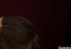 Hot stunner faces bizarre jizz shower, eagerly devouring cum in POV blowbang