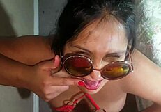 the latina babe with cute eyes performs a blowjob and swallows the huge cumshot