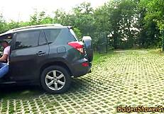 hey, this blowjob-loving whore with big tits is getting a golden shower and jizz facial outdoors.