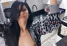 Latina With Big Tits And Ass Masturbates Monster Cock In Kitchen, Big Ass Sex!