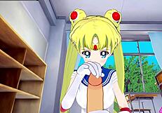 sailor moon gets monster cock blowjob and handjob in hentai cumshot!