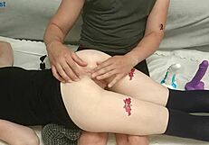 Stepsister gets super happy with two big dildos.