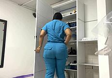 A curvy patient is oiled up and examined in the doctor’s office