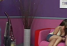 fully clothed girls give handjobs with handcuffs in this fetish cfnm scene