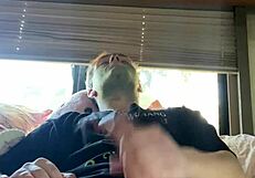 fit guy strokes cock while doing skin care