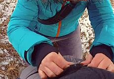 milf bends over for pov blowjob and cum on pussy in dirty pantyhose outdoors